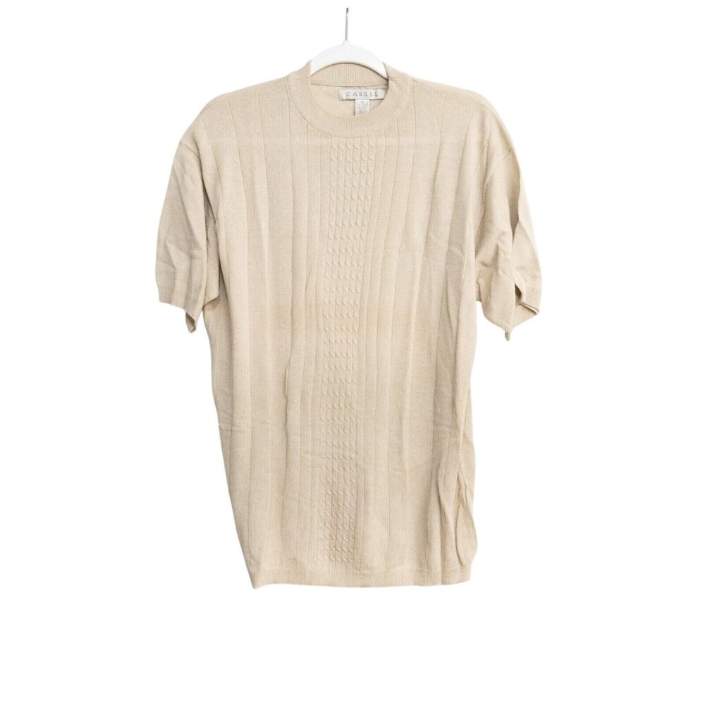 Cassel Mens Beige Cotton Sweater Knitted Crew Neck Pullover Short Sleeve Top M